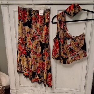 Nwt Free People WILD BALI Black and Red VELVET Floral Two-Piece Set